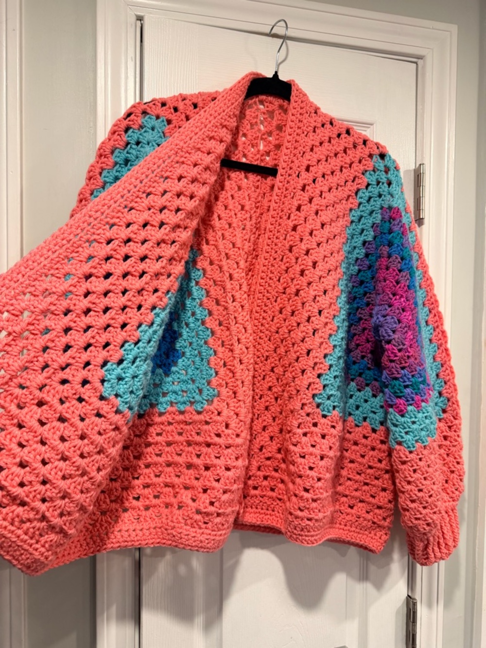Handmade Crochet Granny Square One Size Cozy Cardigan Boho Chunky Knit Sweater - Picture 2 of 9